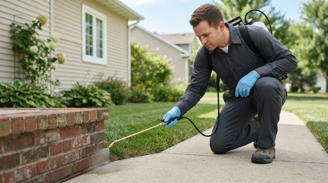 Pest control technician treating a home near Robinson, IL